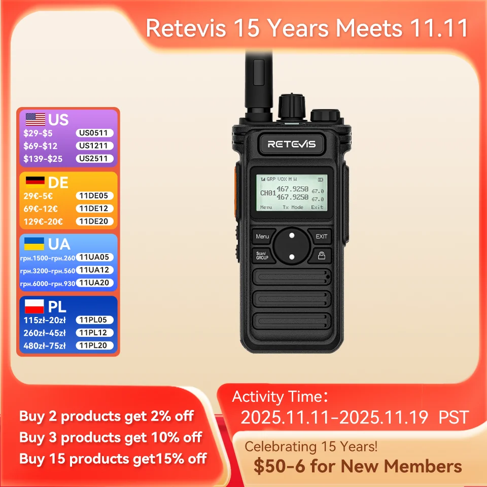 Retevis RT86S Walkies Talkies Largo Alcance Walkie-talkies Radio Profesional Long Range Walkie Talkie 1 2 Piezas Caza Portátil ptt VOX Recargable Multibanda Profesional Comunicación Transceptor