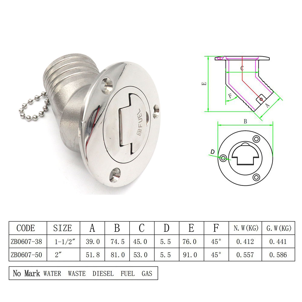 Bouchons de remplissage de pont en acier inoxydable 316, 45 degrés, pour gaz, carburant, eau de déchets, 38mm, 50mm, pour bateau marin