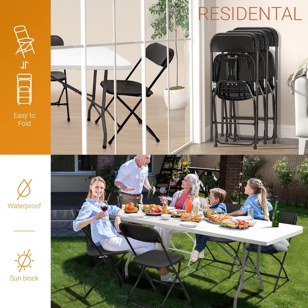 Juego de 6 sillas de jardín plegables apilables de metal y plástico 158kg negro