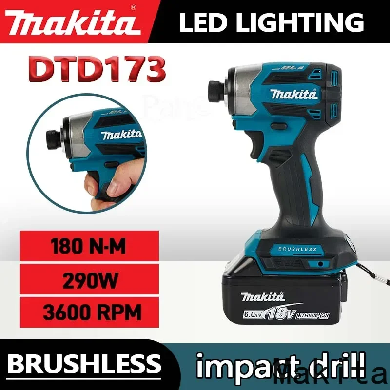 Makita 18V LXT Controlador de impacto inalámbrico DTD173 Taladro eléctrico sin escobillas Destornillador Madera/Perno T1/T2-Mode Luz LED doble 180 N·m