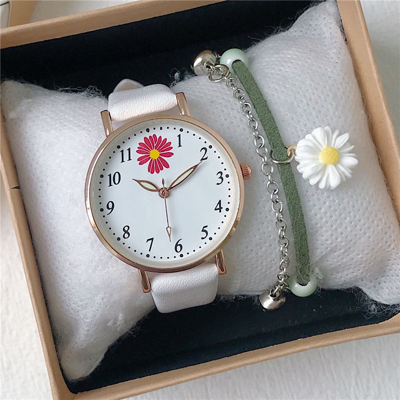 Harajuku estilo margarida relógio infantil simples quartzo couro verde rosa relógios para meninas com pulseira caixa de relógio presente reloj