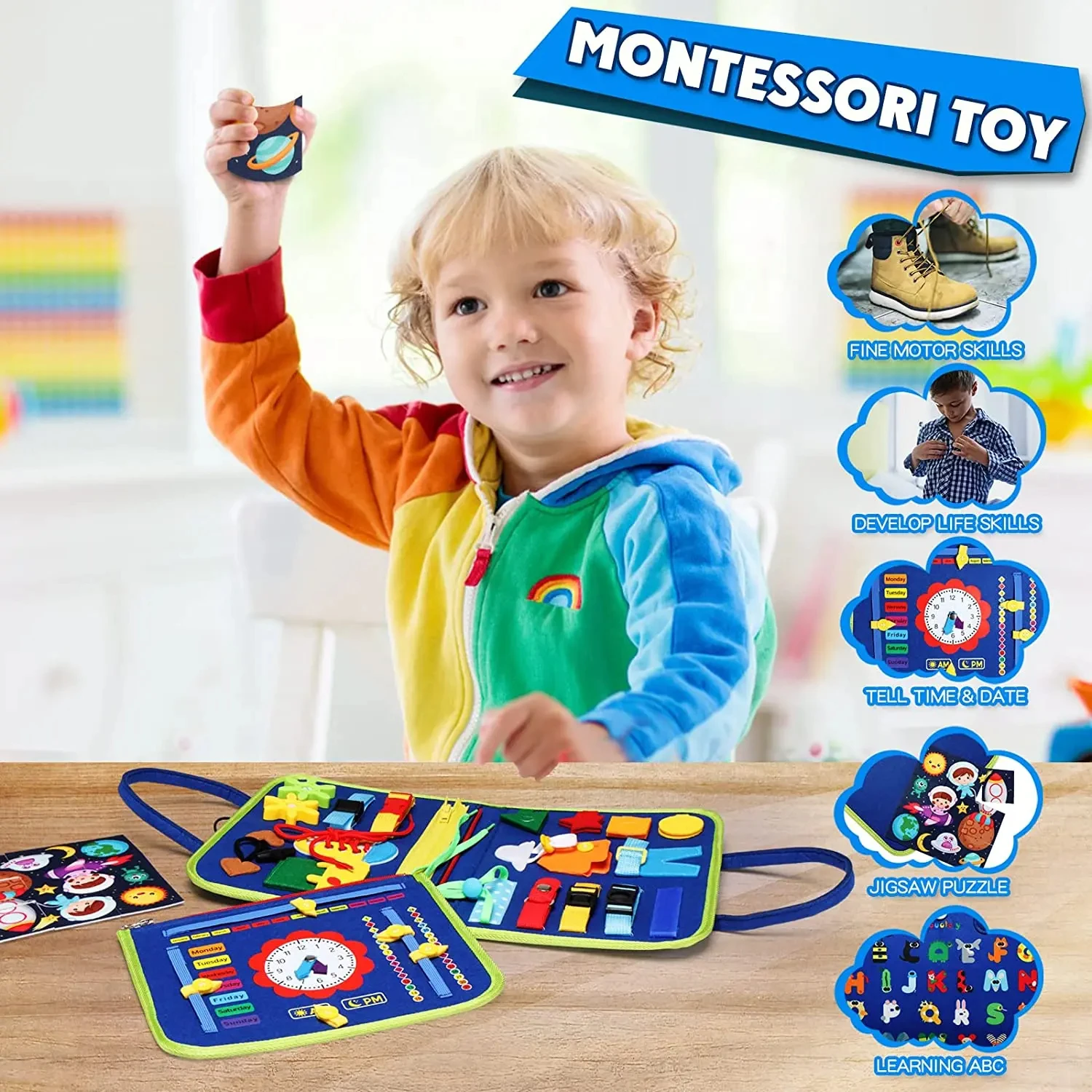 Giocattoli Montessori Scheda occupata Scheda di sviluppo di attività sensoriale per abilità motorie, Scheda di apprendimento per i più piccoli