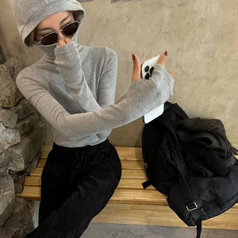 Jersey liso de manga larga con capucha para mujer, jerséis con capucha de cuello alto ajustados a la moda para otoño e invierno