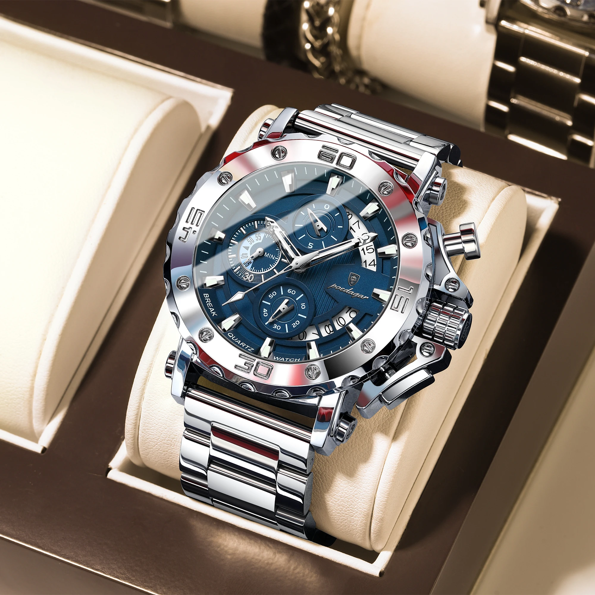 Reloj POEDAGAR de lujo para hombre, calendario luminoso, resistente al agua, Reloj para hombre, cronógrafo masculino, relojes de cuarzo de acero inoxidable para hombre