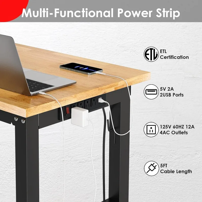 TLGREEN 48" Adjustable Work Bench with Power Outlet, Rubber Wood Top Work Table, Heavy Duty Work Bench, 2000 LBS Capacity, Workb
