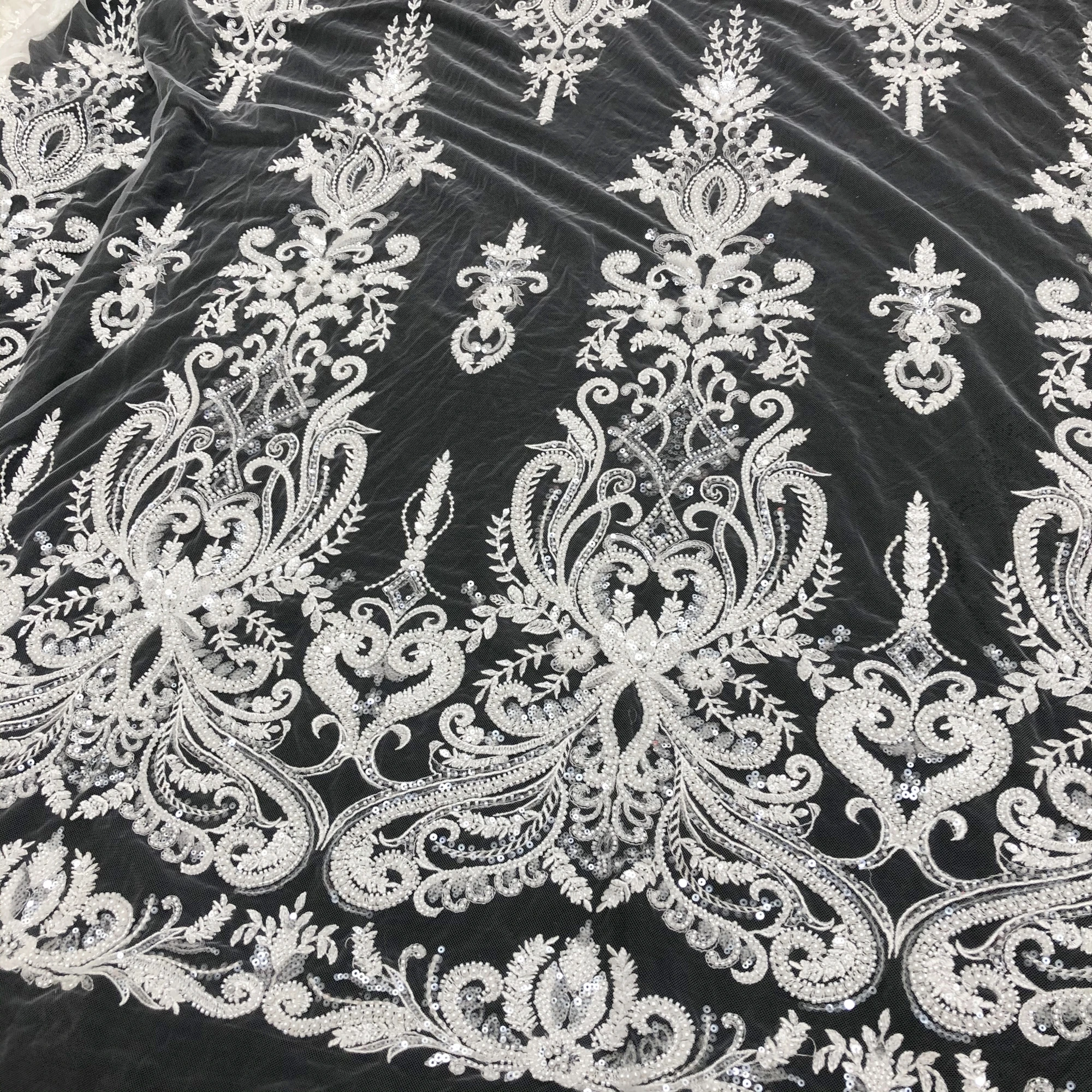 Luxury High-Quality Sequin Beads Embroidered Lace Fabric Suitable For Private Custom Wedding Dresses