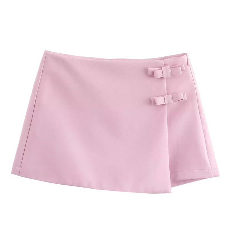 TRAF 弓ピンクスコート女性のためのハイウエストミニ白スカートパンツファッション夏の女性のスコートストリート非対称キュロット