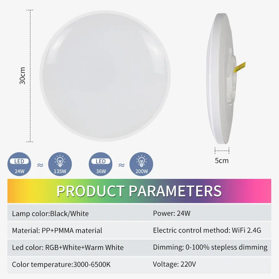 Luz de techo Led Wifi 220V Tuya Smart Life con Control remoto RF 2,4G Alexa Google RGB blanco negro accesorio de iluminación de montaje empotrado