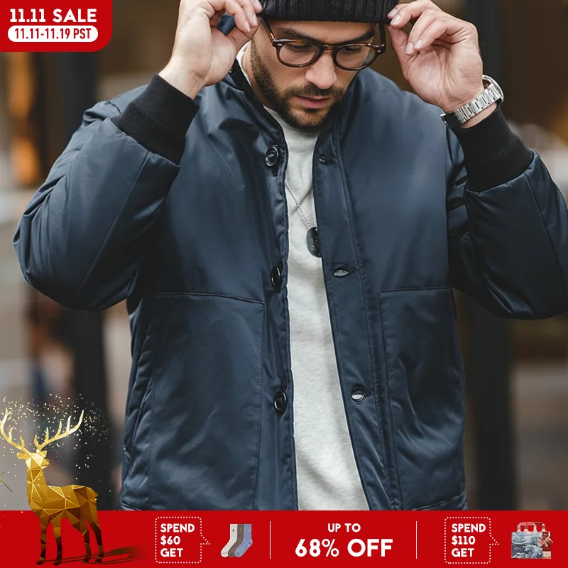 Maden Manteau masculin modifié style A1 bombardier Col montant veste matelassée chaude Manteau d'hiver coupe-vent à un bouton Choix entre vert et bleu marine