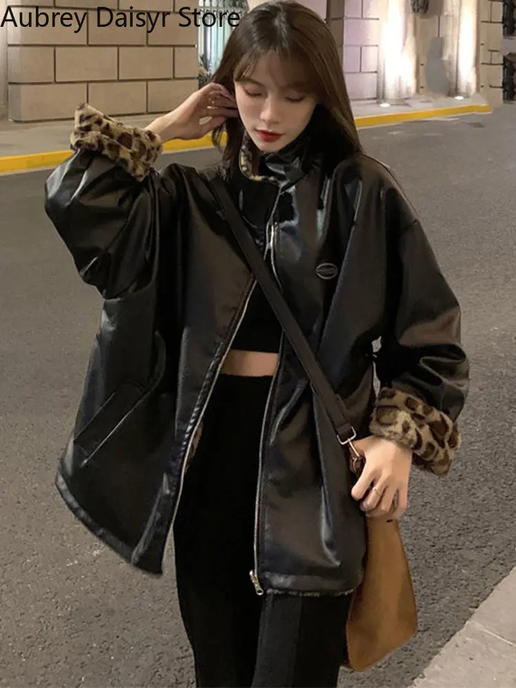 Winter Warme Leder Jacke Frauen Dicke Leopard Print Faux Lamm Pelzmantel Harajuku Schnee Lose Futter Reversible Tragen Mantel Weibliche