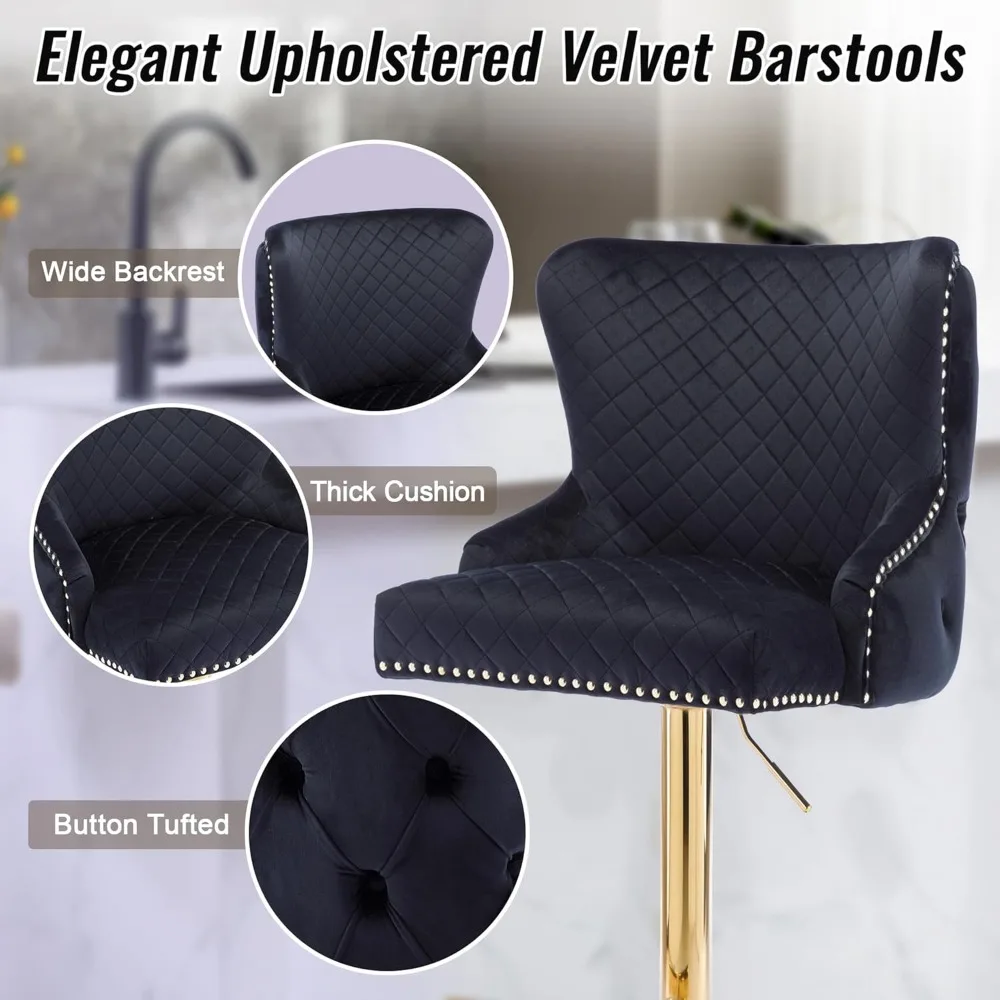Luxury Velvet Barstools Set of 2, Height Adjustable Swivel  with Lion Head Pull Ring, Modern Button Tufted Back Bar Stools