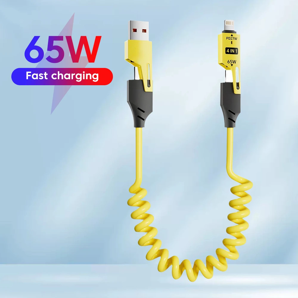 Cavo a molla telescopico 4 in 1 65W 6A Cavo dati per caricabatterie rapido da USB C a tipo C per iPhone 15 16 14 13 X Cavo USB C a ricarica rapida