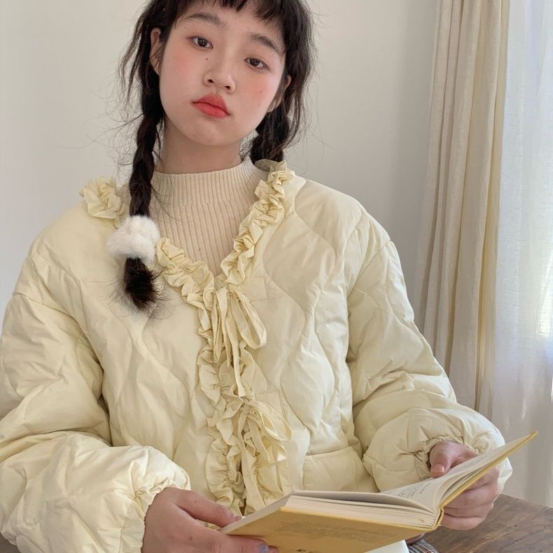 Casaco rosa plissado com borda em v para meninas, casaco acolchoado de algodão acolchoado, kawaii parkas japonês, harajuku para estudantes, inverno