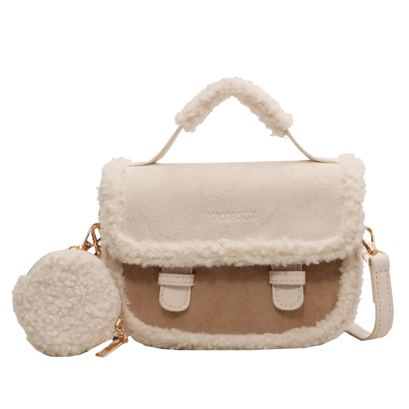 2023 Winter New Women's Plush Small Square Bag Color Contrast Design Single Shoulder Crossbody Bag Brown Handbag
