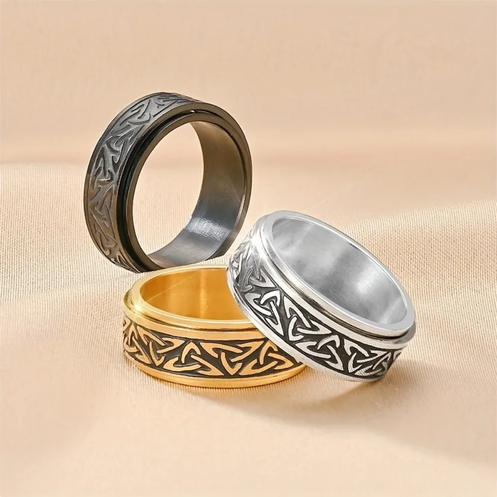 Anel de aço titânio com padrão de nó triangular celta, anel rotativo masculino, joia para liberação de pressão, moda