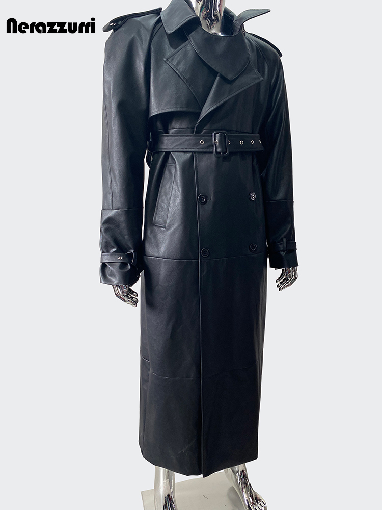 Nerazzurri Herbst Cool Extra Lange Hochwertige Wasserdichte Schwarz Pu Leder Trenchcoat für Frauen Gürtel Luxus Designer Kleidung