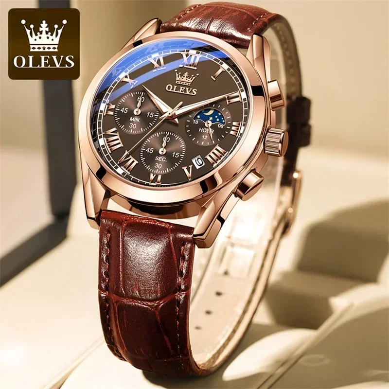 OLEVS reloj de cuarzo para hombre, relojes de lujo de primeras marcas, relojes de pulsera impermeables con fase lunar para hombre, relojes de pulsera con cronógrafo de moda para hombre