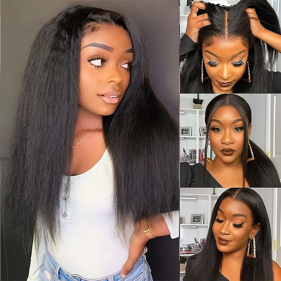 13x4 kinky reta peruca dianteira do laço yaki em linha reta peruca frontal do laço brasileiro 4x4 Guleless fechamento do laço peruca de cabelo humano para mulher