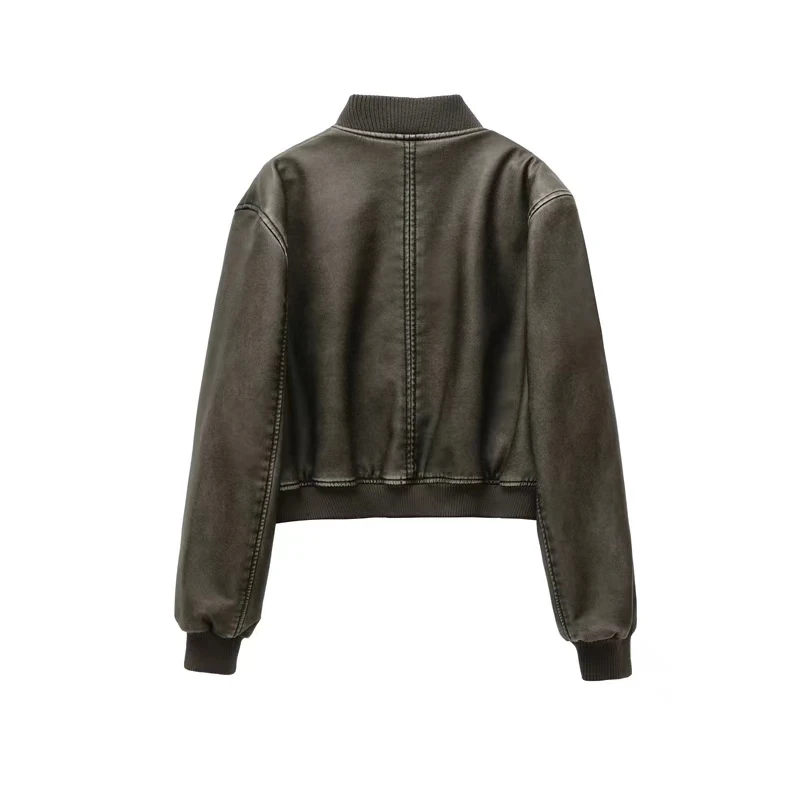 Chaqueta Bomber de piel sintética a la moda urbana para mujer, abrigo corto de cuero negro con cuello levantado