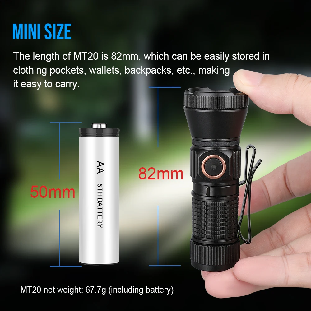 Trustfire MT20 EDC-Taschenlampe, 1050 Lumen, tragbar, wiederaufladbar, LED-Lampe, Taschenlampe, Arbeitslicht, Mini 18350 MVB, Optik mit USB-C-Aufladung