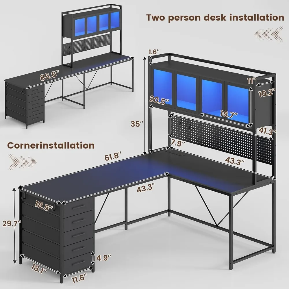 L Shaped Computer Desk with Hutch and Storage Shelves, Gaming Desk with Pegboard, Led Lights, and Power Outlet, Home Office Desk