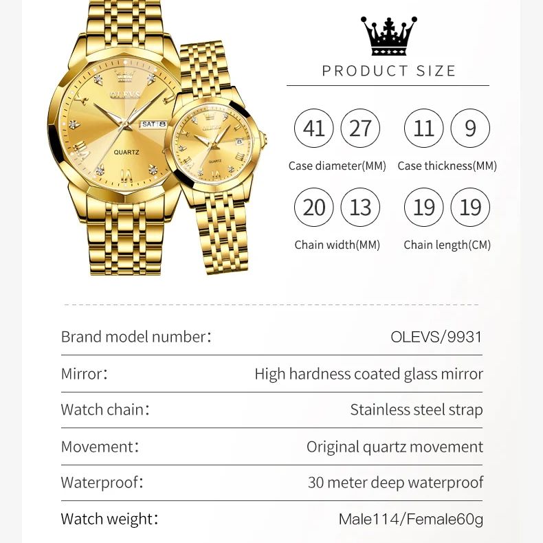OLEVS 9931 reloj de cuarzo Original de lujo para hombres y mujeres, reloj de escala romana con diamantes, reloj de pareja con fecha automática y espejo rombo a la moda