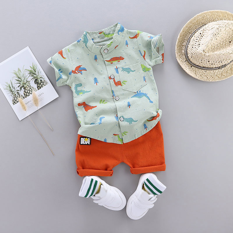 Infants and Toddlers Covered in Printed Cartoon Dinosaur Stand-up Collar Shirt Short Sleeve 2 Piece Set