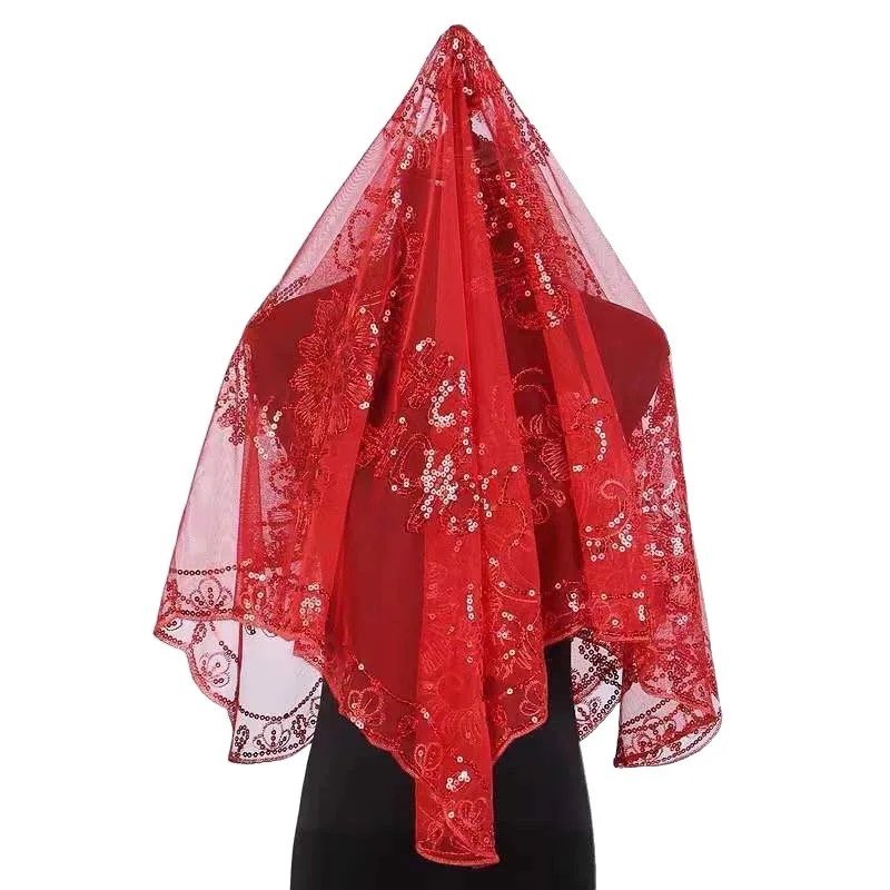 เจ้าสาว Headpiece ดอกไม้ชุดหลักสไตล์จีน Xiuhe สีแดงฝาครอบกึ่งโปร่งใส Veil Hijab อุปกรณ์เสริม Retro