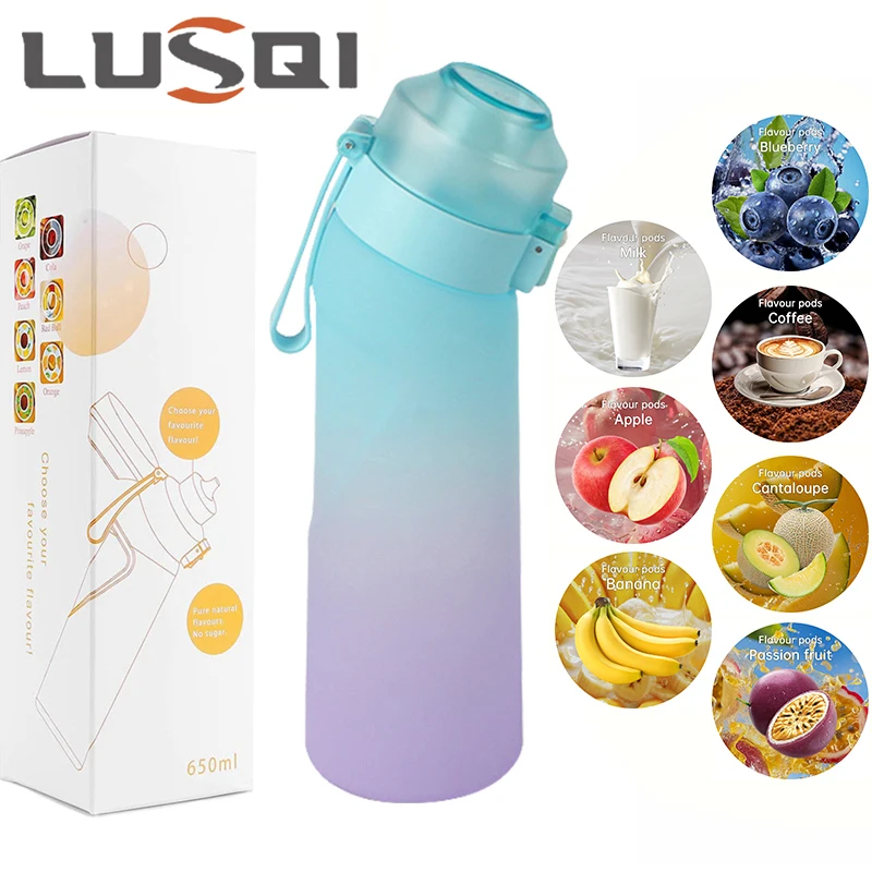 Botella de agua con sabor a aire LUSQI con 7 cápsulas de sabor, taza de plástico Tritan con pajita de moda deportiva adecuada para deportes al aire libre y Fitness