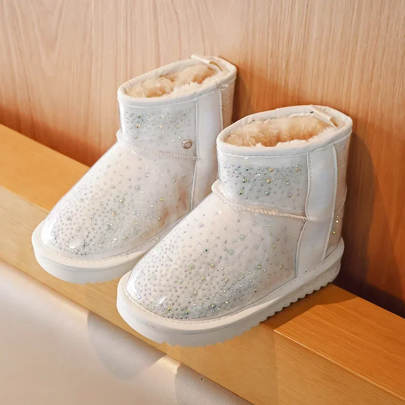 Botas de felpa de algodón cálidas para invierno, botas de nieve antideslizantes con purpurina transparente, zapatillas informales para niña