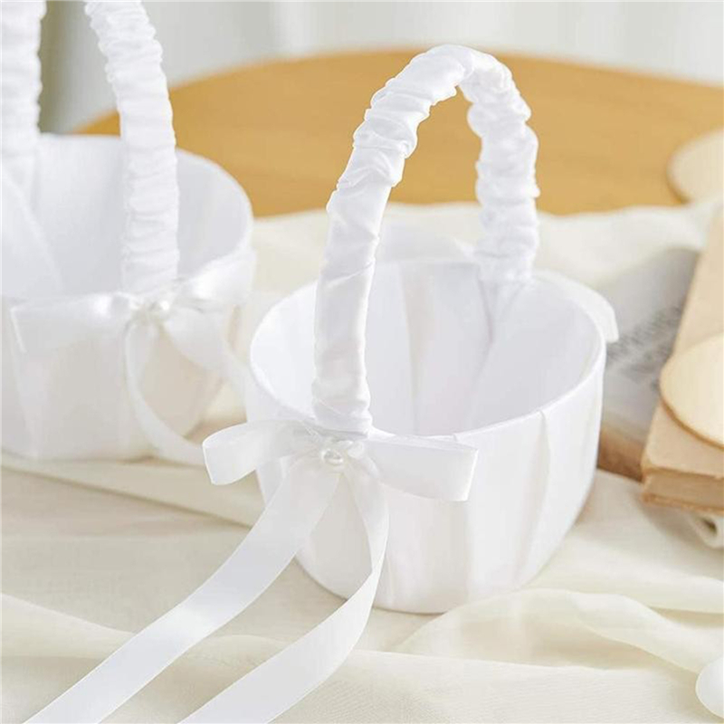White Flower Girls Basket Silk Wedding Basket for Flower Bride/Kids Hand Held Wedding Ceremony Party Decorations