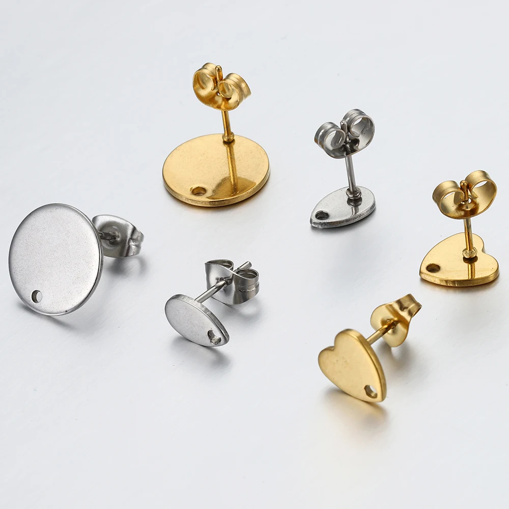 10 pçs/lote cor de ouro aço inoxidável em branco brinco studs base pinos com brinco plug orelha volta para diy jóias fazendo descobertas