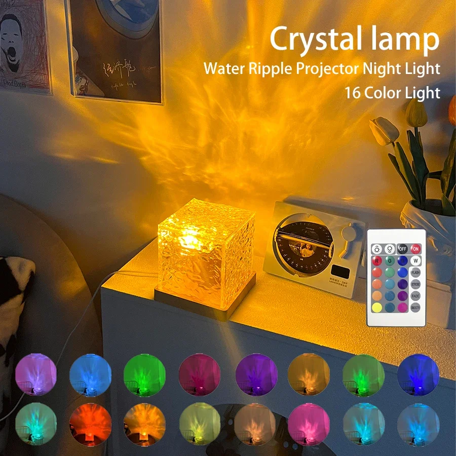 Projetor de ondulação de água led luz noturna 16 cores chama rgb lâmpada de cristal regulável para sala de estar estudo quarto decoração de casa luz