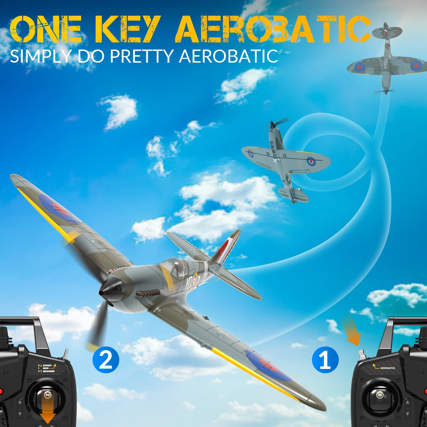 Volantex Neues Spitfire RC-Flugzeug EPP 400 mm Spannweite RC-Kämpfer One Key Kunstflug 2,4 G 4CH RTF Warbird-Flugzeug