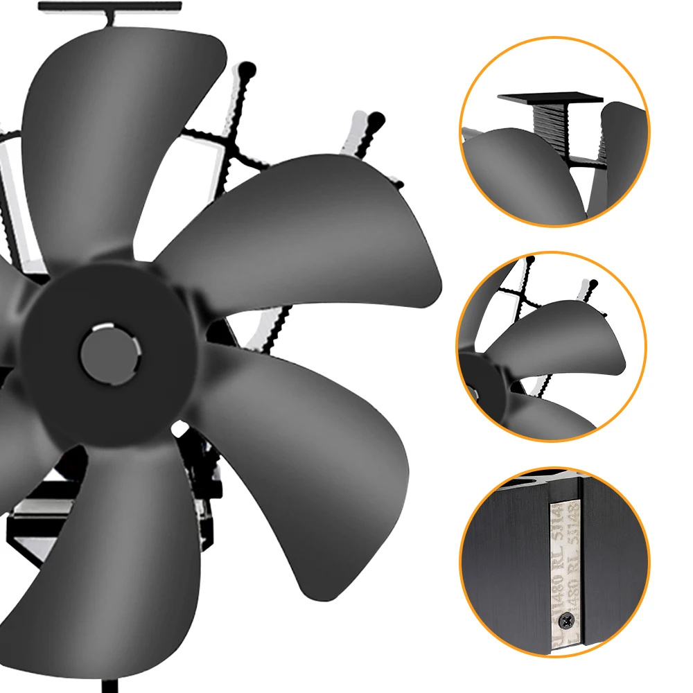 Warmte-aangedreven kachelventilator Eco Stil Zwart 6-bladen Houtkachel Open haardventilator Efficiënte warmteverdeling Winterwarmer Thuis