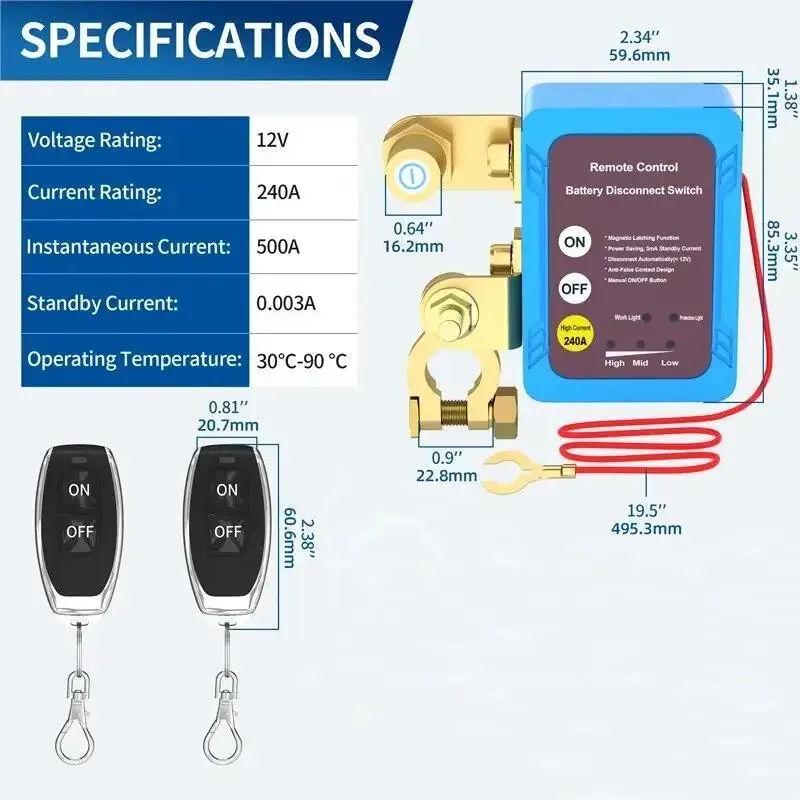 Battery Disconnect Power Switch 12V 240A Shut Off Cut Off Kill Switch With Remote Control Switch For Car Truck