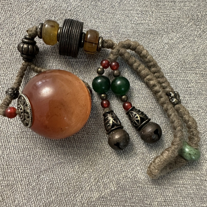 Antique Retro Old Patina Red Cat's Eye Stone Round Ball Old Glass Handheld Jade Pendant Cultural Play Accessory