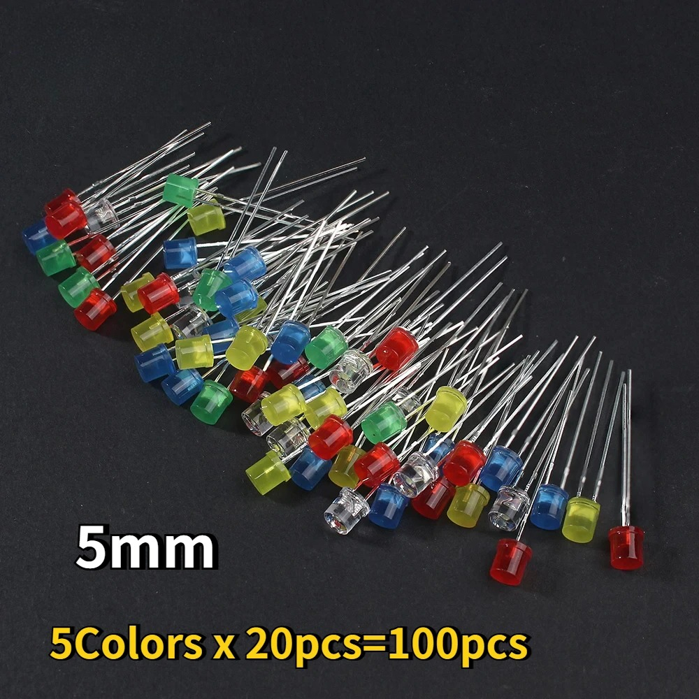 100 Stück 5 mm LED-Dioden mit flacher Oberseite, 5 Farben, F5-Glühbirnen, Rot, Gelb, Blau, Grün, Weiß, Leuchtdioden-Set