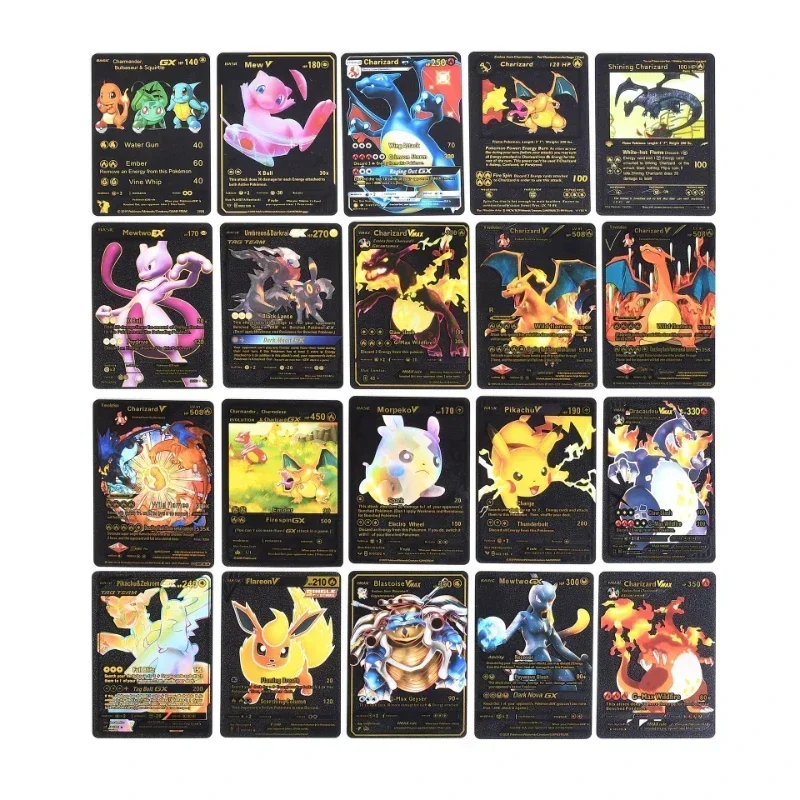 55pcs การ์ด Pokemon ทองเงินสีดํา Pikachu โต๊ะดาดฟ้ากล่องภาษาอังกฤษเยอรมันสเปนฝรั่งเศส Battle การ์ดของเล่นเด็กเกมปาร์ตี้
