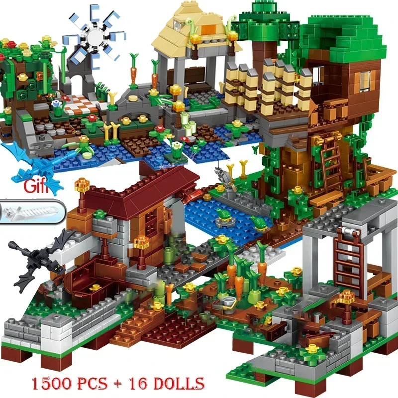2024 新しい互換性私の世界 Minecraftinglys ビルディング村市ツリーハウス滝軍馬レンガのおもちゃ子供のギフト