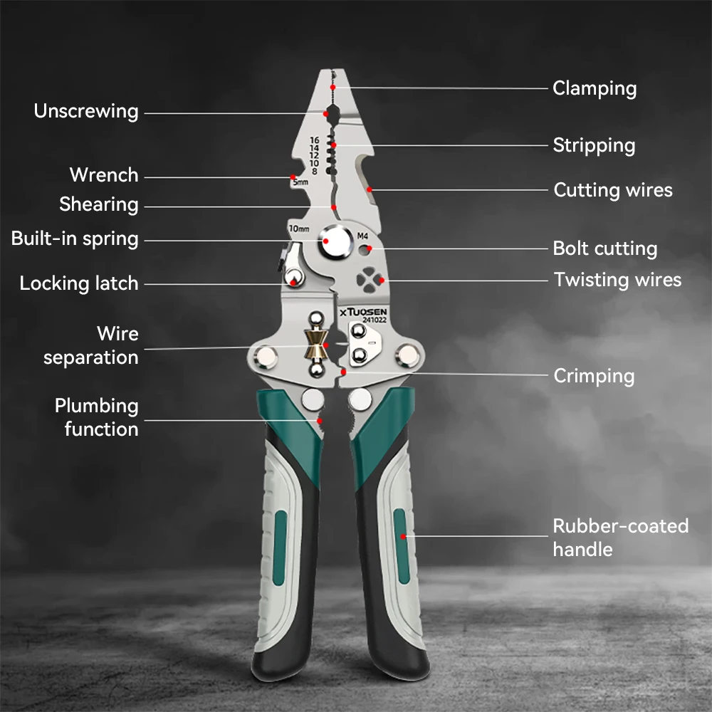 Multi-Functional 8-in-1 Wire Stripping Pliers Folding Cutter Wrench Line Separation Tool Set 205mm Lightweight Hand Tool