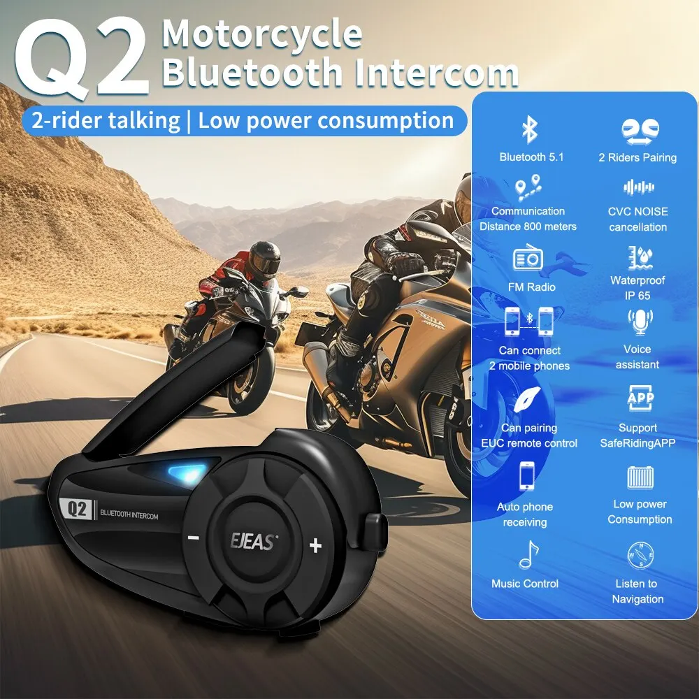 Ejeas q2オートバイヘルメットインターホンBluetooth 5.1ヘッドセットクイックペア防水最大2ライダーワイヤレスインターホンイヤホン
