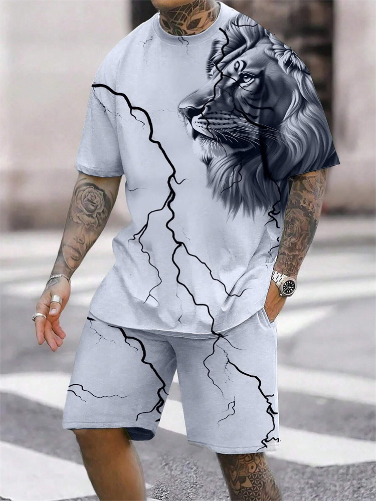 2024 Nowy T-shirt z krótkim rękawem i okrągłym dekoltem Modne szorty Zestaw 3D Lion Print Szorty z krótkim rękawem 2-częściowy męski letni zestaw sportowy