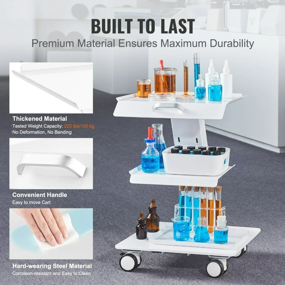 3-Layer Stainless Steel Lab Cart, 70.5 LBS Load Capacity, Heavy Duty Esthetician Cart with 4 PE Wheels for Dental Office, Salon