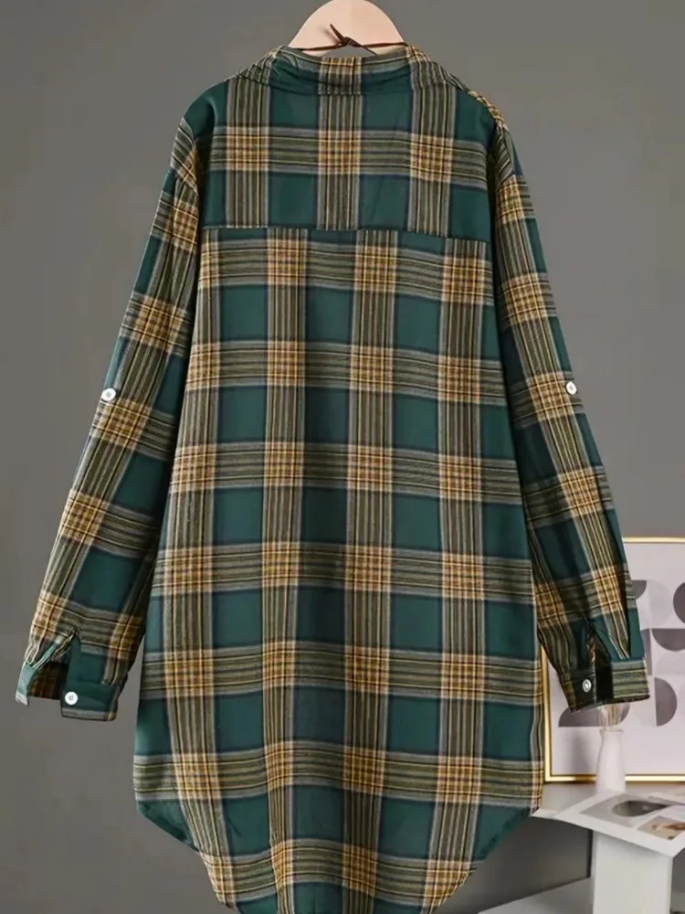 Camisa a cuadros de algodón y lino, holgada, media larga, talla grande, para mujer, informal, diaria