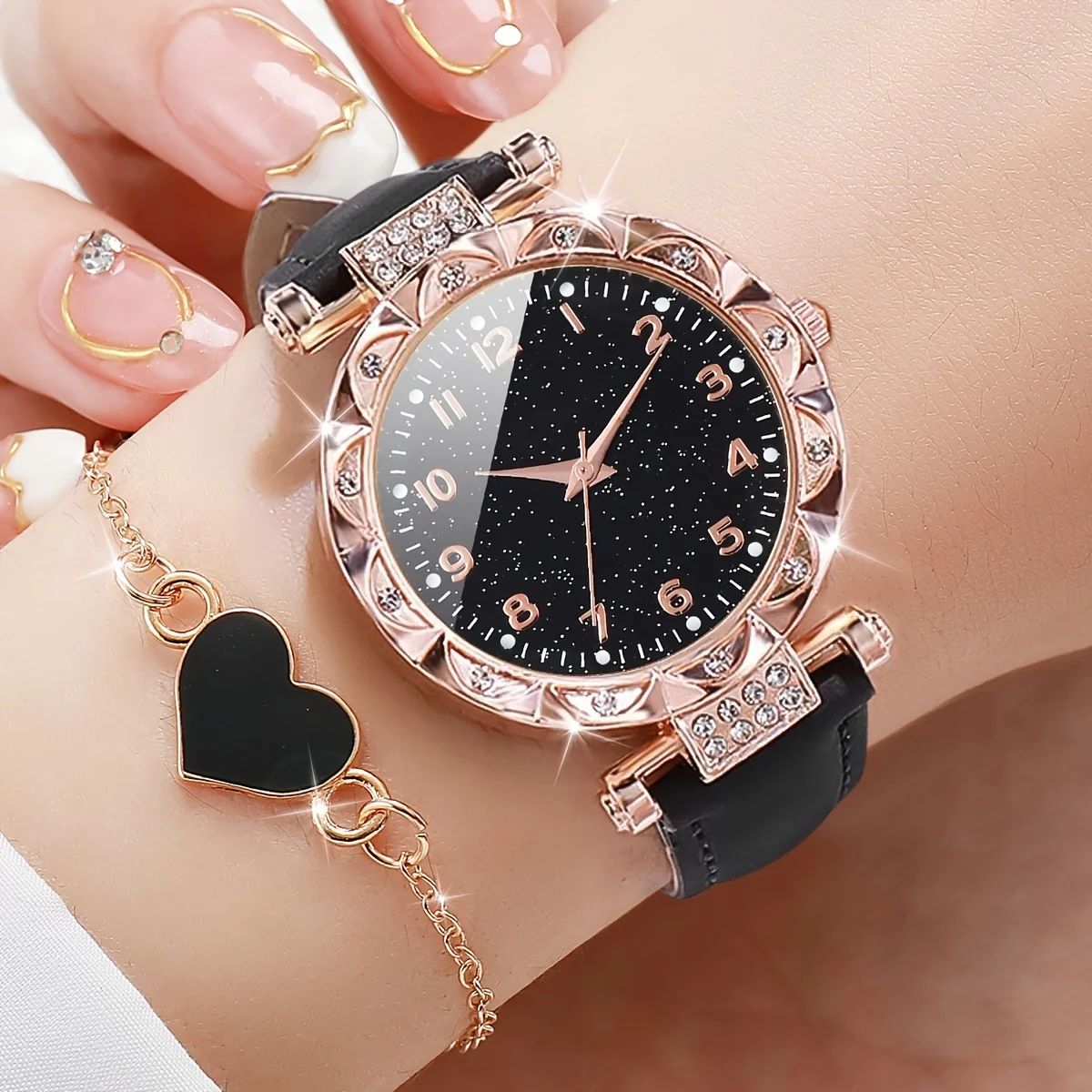 2 ชิ้น/เซ็ตแฟชั่น Rhinestone ผู้หญิงควอตซ์นาฬิกา Analog PU หนัง Band นาฬิกาข้อมือสร้อยข้อมือหัวใจ
