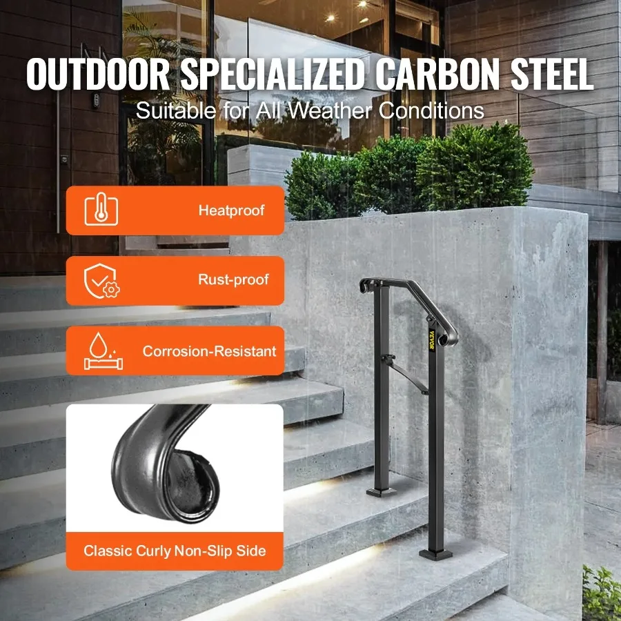 Handrails for Outdoor Steps Fit 1 or 2 Steps Outdoor Stair Railing Arch#1 Wrought Iron Handrail Flexible Porch Railing Black T