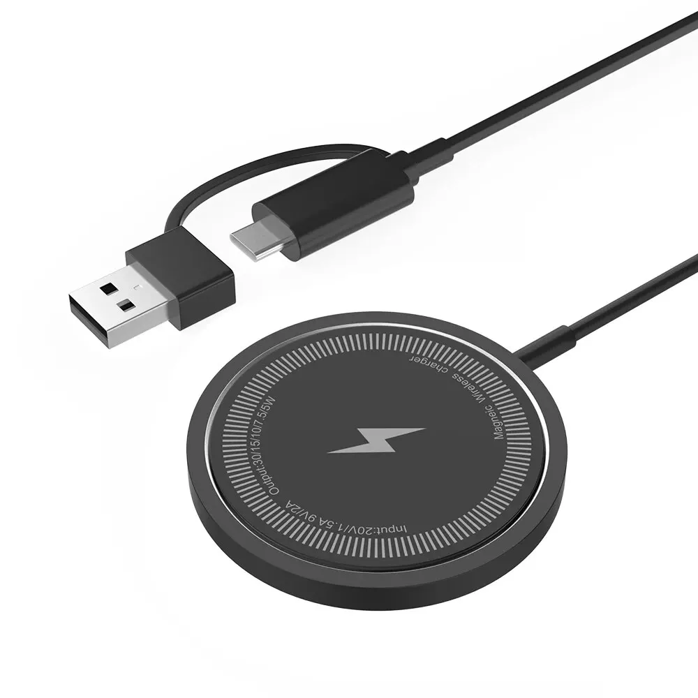 Carregador sem fio 15W compacto e conveniente preto para iPhone 15/14/13/12/11/Pro/Max/Se 2020/Xs/Xr/X/8 Plus Android Phone