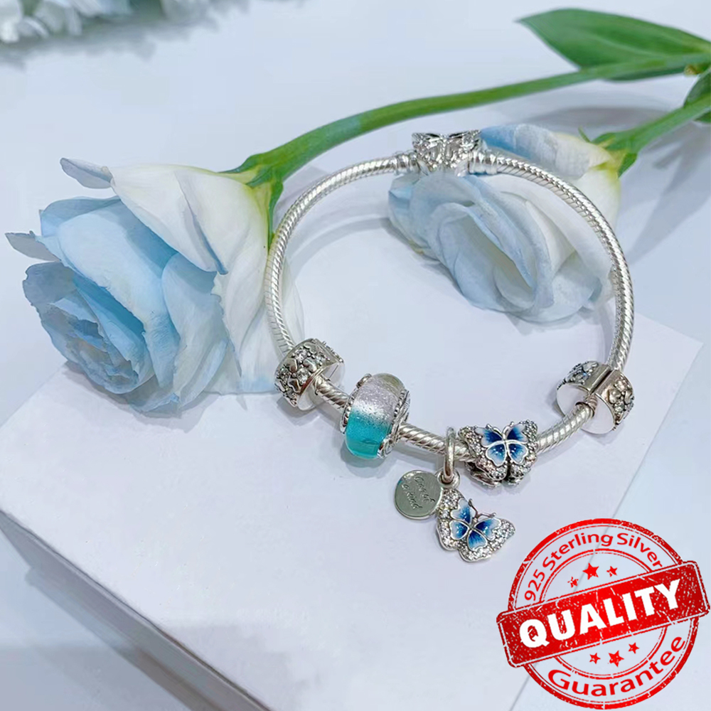 Moda prata esterlina rosa amor-perfeito flor charme caber pulseira original 925 prata azul borboleta charme jóias finas presente