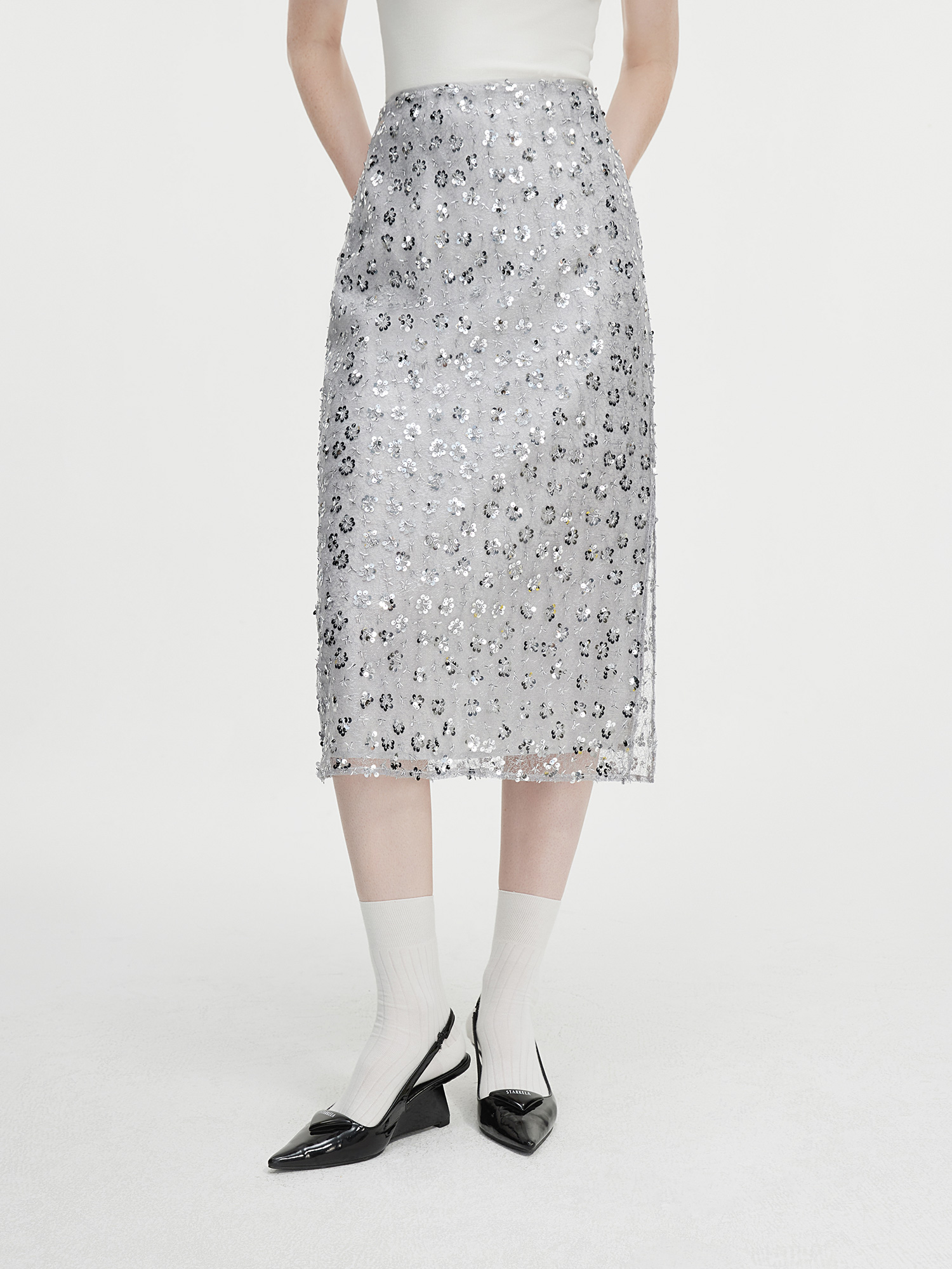 FSLE Hohe Taille Pailletten Gerade Rock frauen Herbst Mid-länge Schlitz Mode Rock 2024 Neue Design Chic Rock 24FS13139